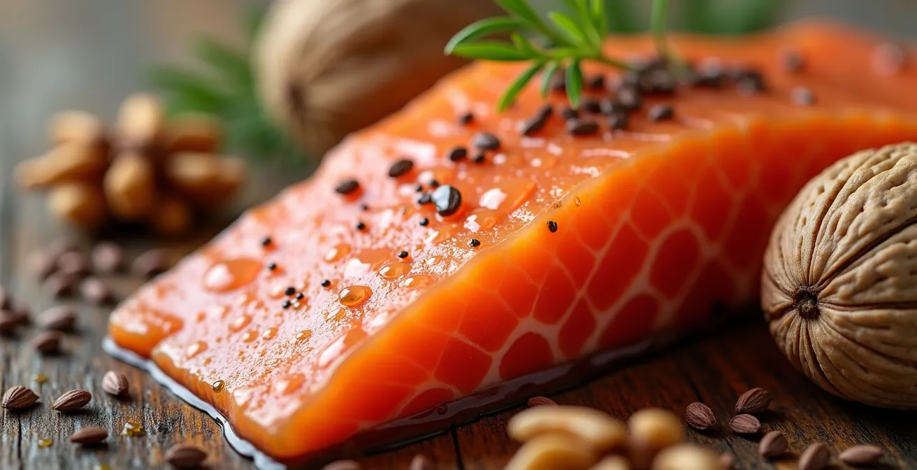 Composition d'aliments riches en oméga-3 pour la santé des yeux, tels que du saumon, des noix et des graines de lin, disposés sur une table en bois.