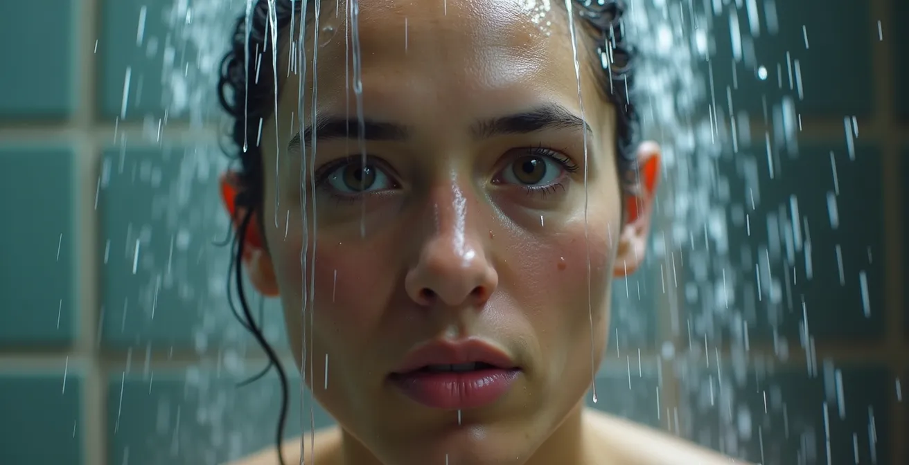 Personne pratiquant la douche froide avec de la vapeur d'eau, le visage exprimant la détermination.