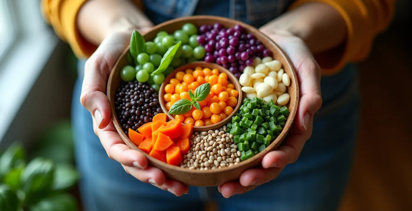 Vue aérienne d'une assiette colorée illustrant le concept de densité nutritionnelle et synergies alimentaires