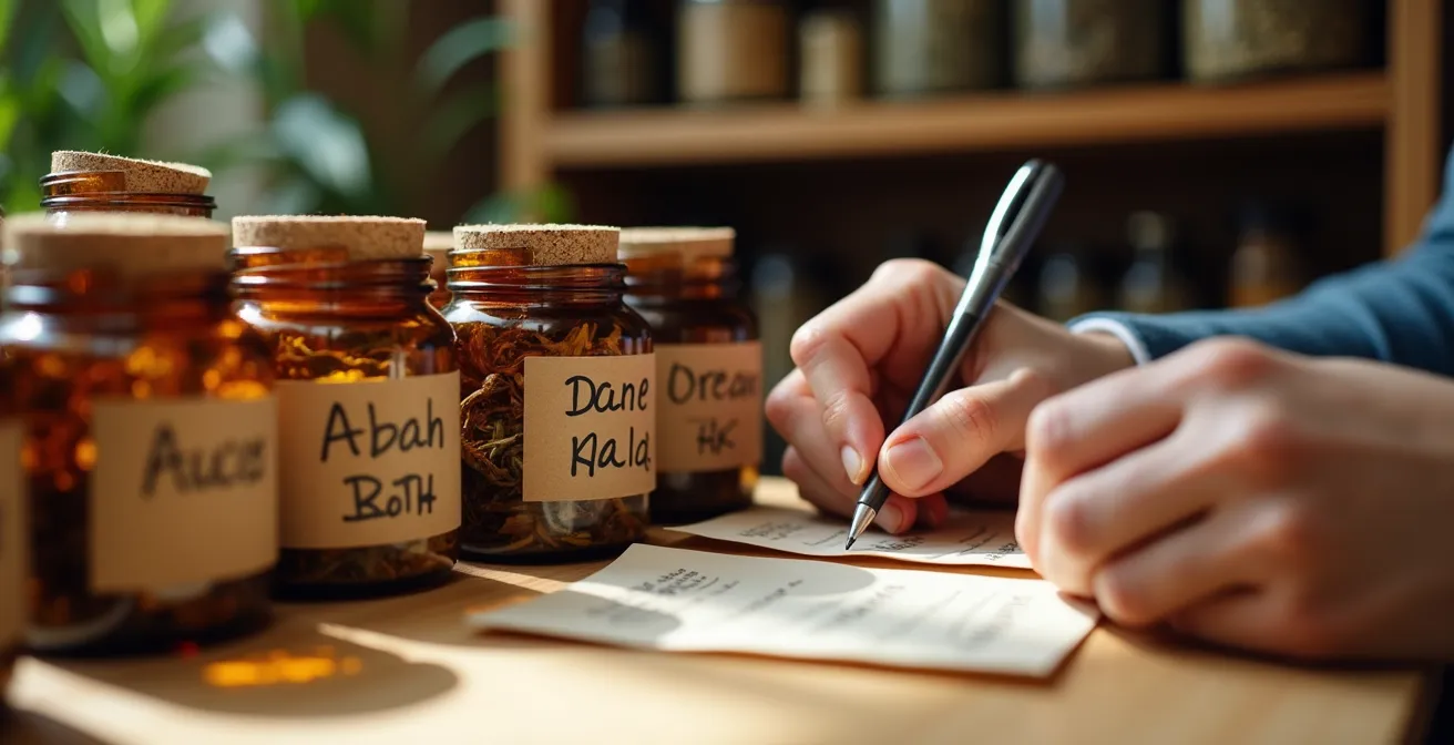 Rangement organisé de bocaux en verre ambré contenant des plantes séchées avec étiquettes de dates