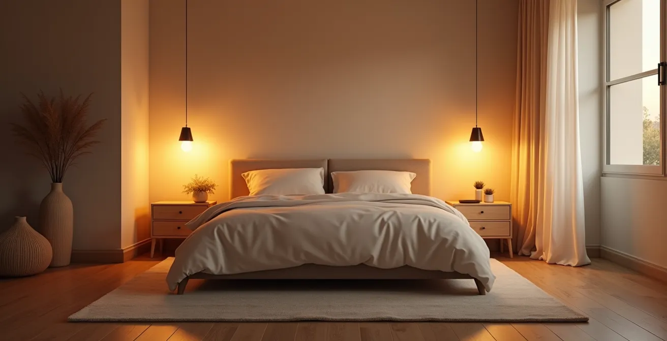 Chambre à coucher baignée dans une lumière ambrée douce avec des lampes de chevet créant une atmosphère apaisante