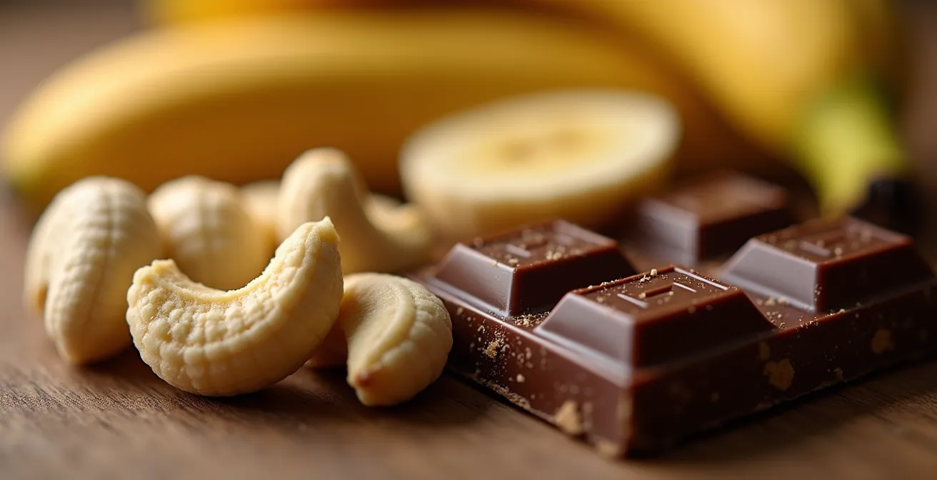 Composition d'une collation synergique avec noix de cajou, chocolat noir et demi-banane
