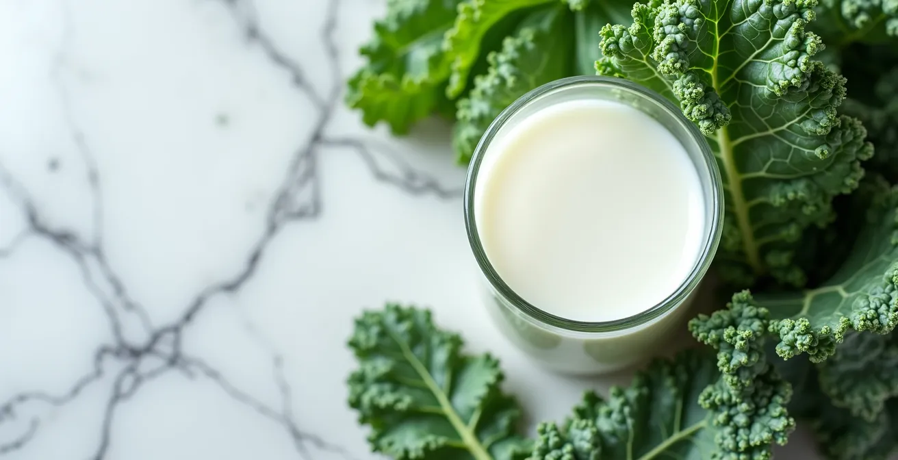Composition artistique d'aliments riches en calcium avec chou kale et produits laitiers