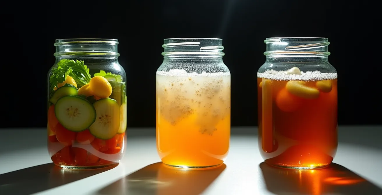 Trois bocaux de fermentation côte à côte montrant des légumes, du kéfir et du kombucha en fermentation