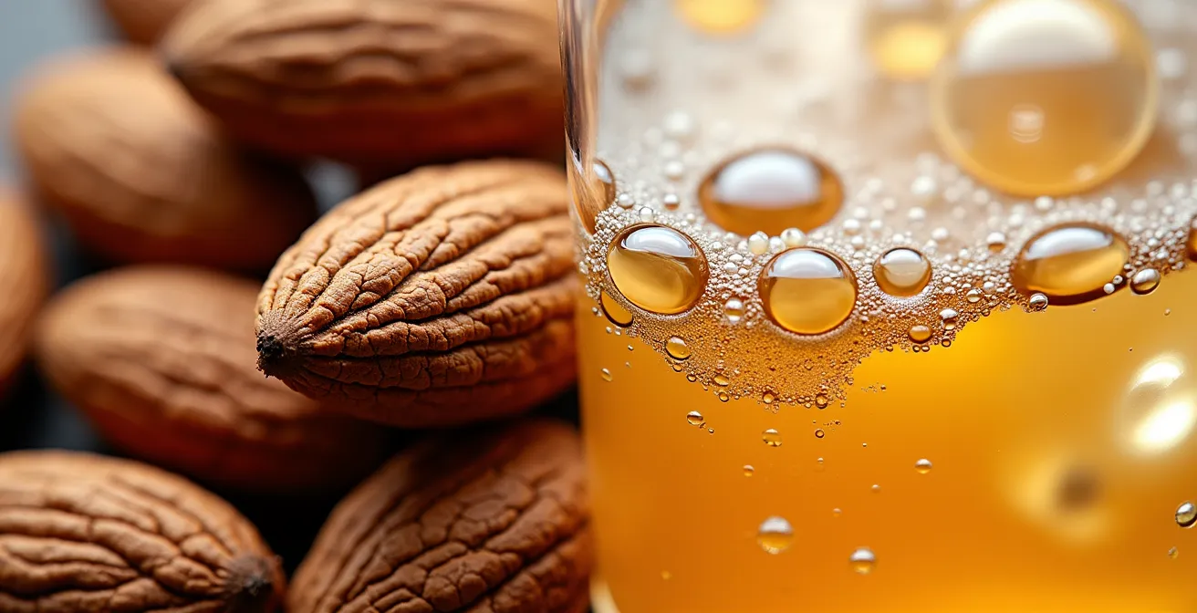 Illustration macro montrant des amandes entières à côté de bulles de soda, mettant en évidence les textures contrastées