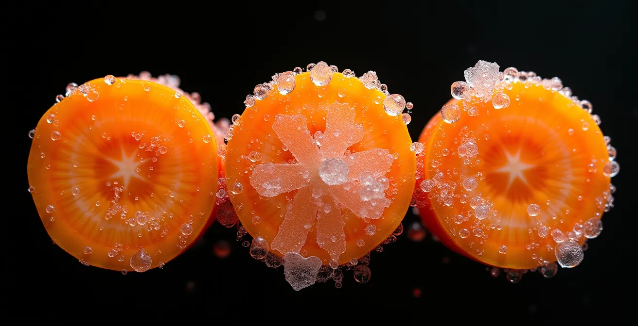Vue macro détaillée montrant la texture de légumes frais, surgelés et fermentés côte à côte