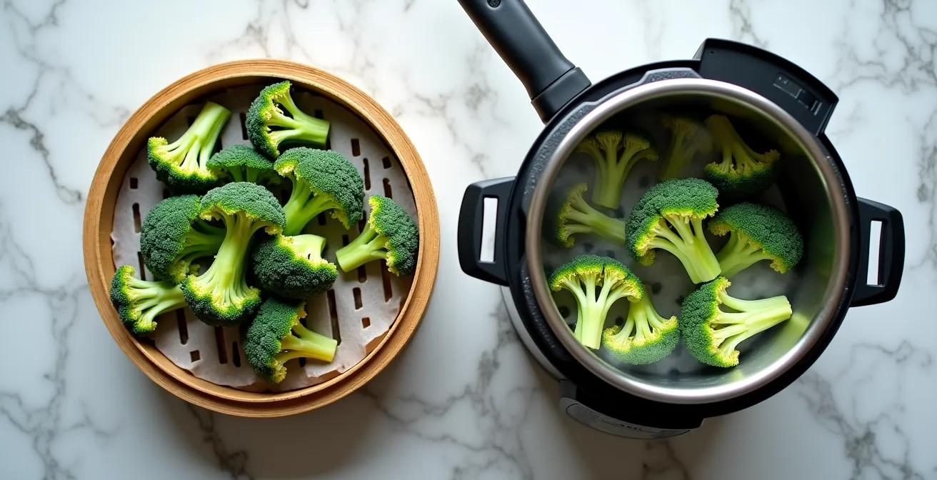 Brocolis cuits vapeur avec une couleur verte vive à côté de légumes plus ternes dans un autocuiseur, illustrant la préservation des nutriments.