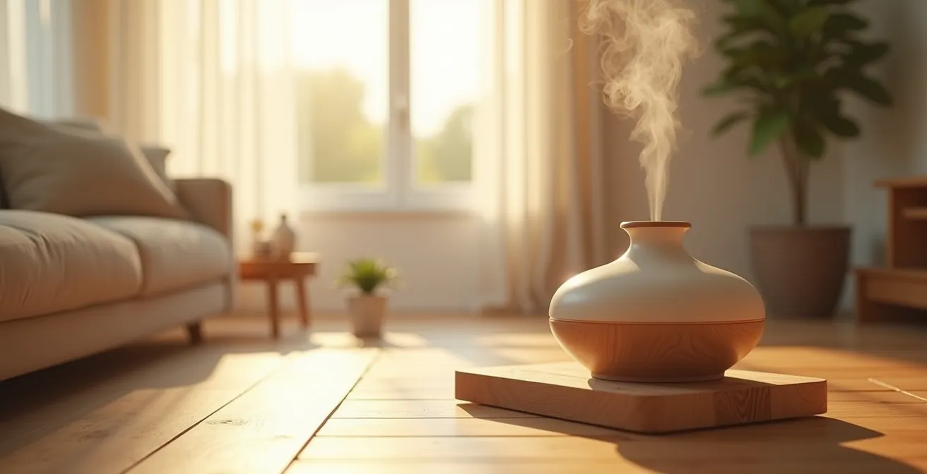 Intérieur apaisant avec diffuseur d'huiles essentielles créant une atmosphère purifiée