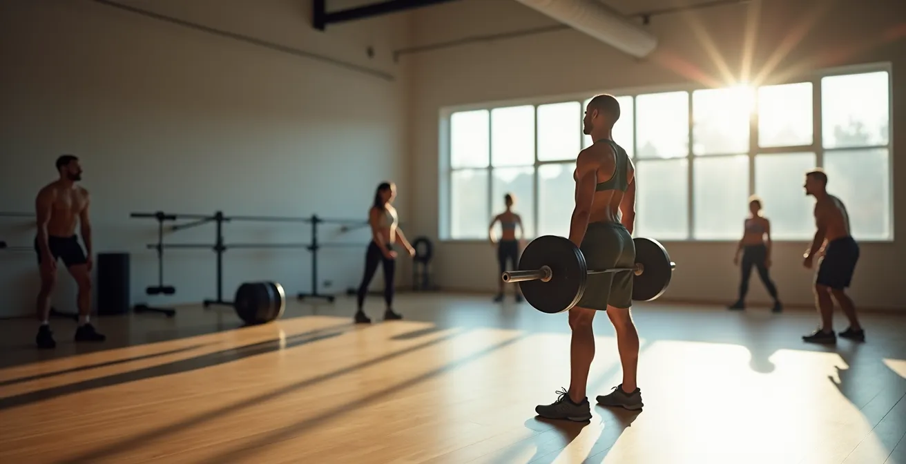 Environnement de salle de sport épuré montrant une personne d'âge moyen effectuant un exercice de musculation fonctionnel