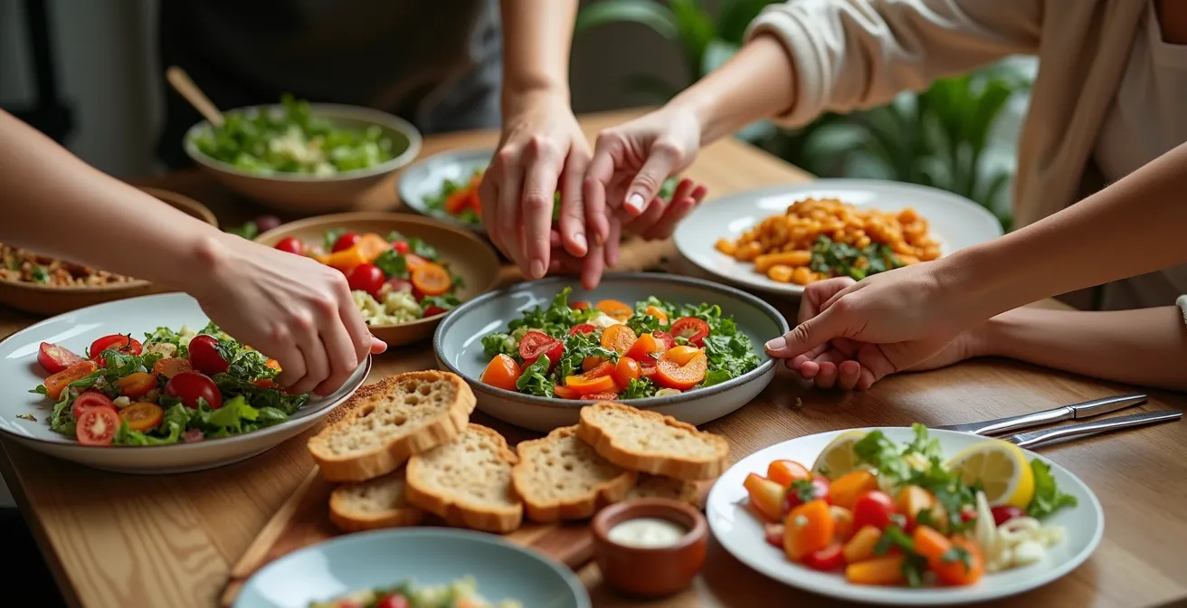 Scène conviviale d'un repas entre amis avec des plats sains et colorés partagés sur une table