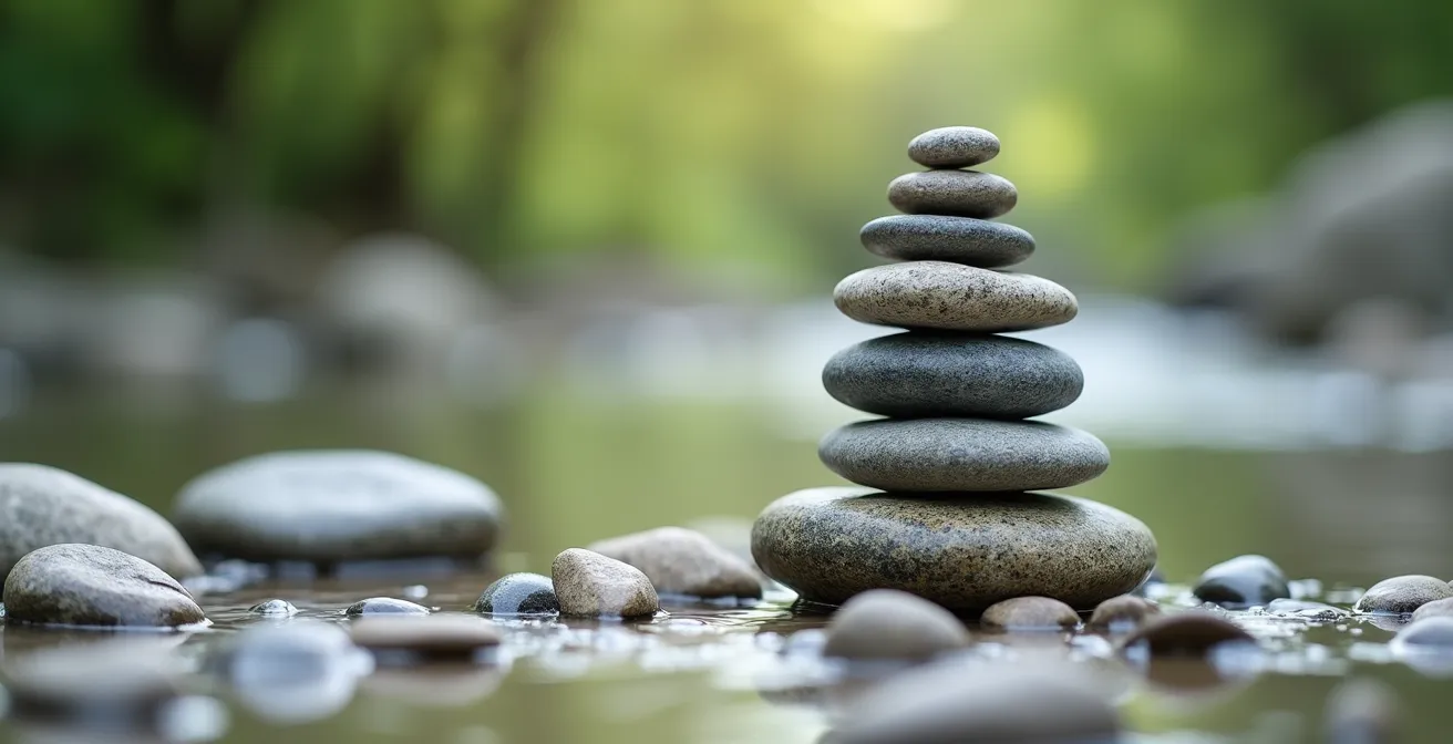 Balance symbolique entre stress aigu et stress chronique représentée par des pierres empilées