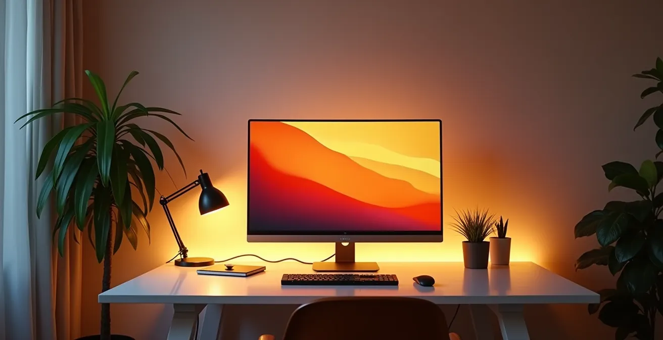 Bureau avec écran d'ordinateur et lampe d'ambiance chaude créant un éclairage indirect derrière le moniteur