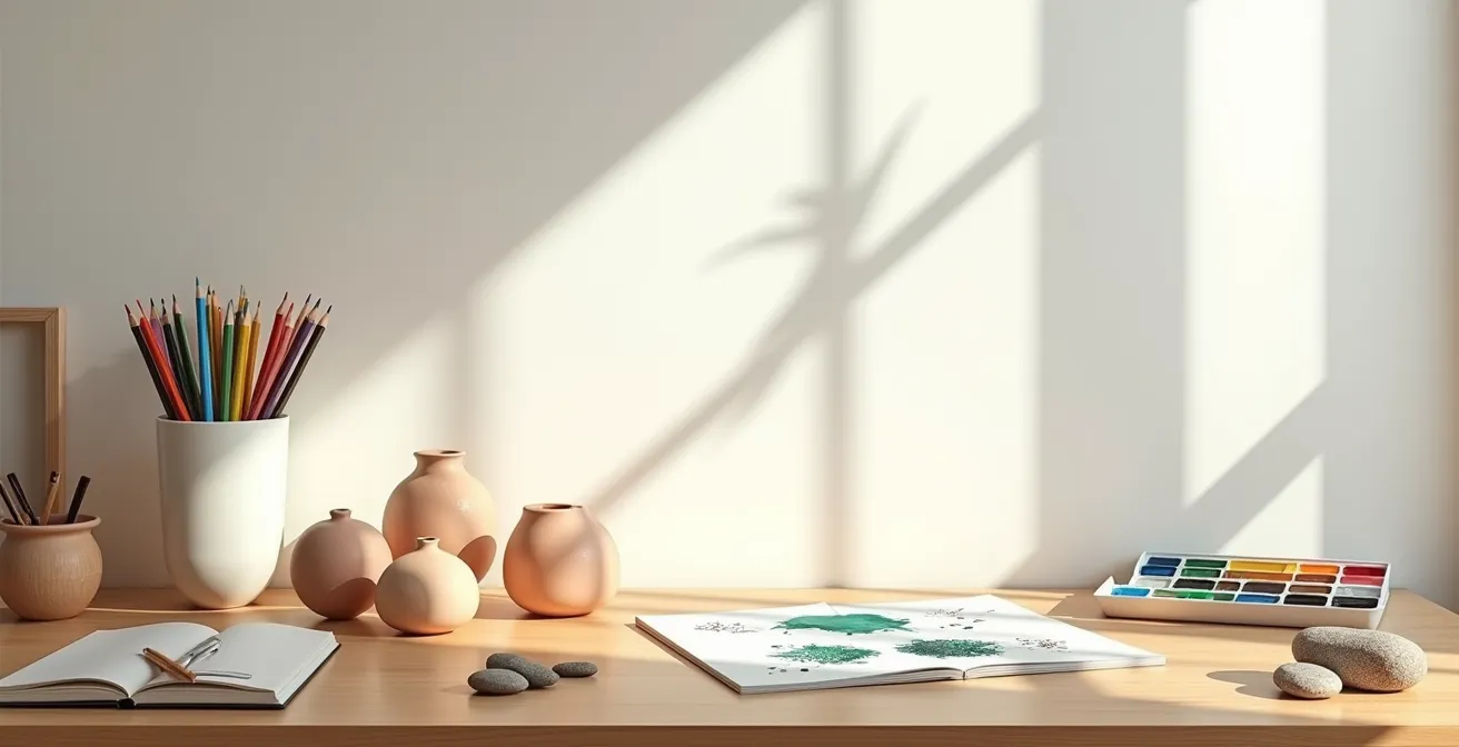 Espace de travail épuré avec matériel d'art-thérapie disposé harmonieusement sur un bureau en bois