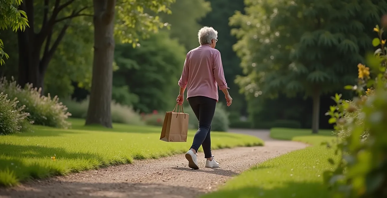 Personne âgée marchant avec un sac de courses dans une main, démontrant le gainage oblique naturel