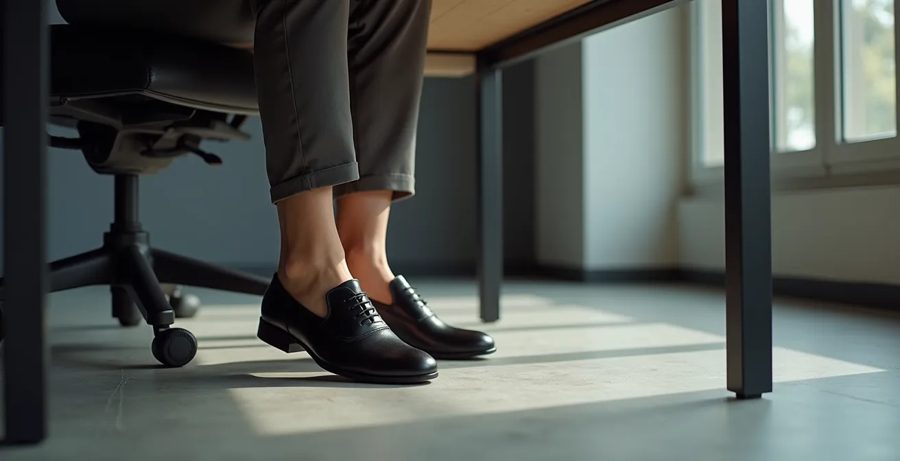 Personne effectuant discrètement des mouvements de flexion du pied sous un bureau