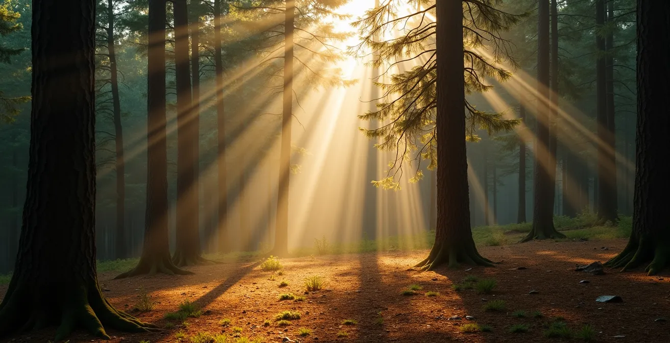 Forêt de conifères baignée de lumière filtrant à travers les branches avec particules dorées flottantes suggérant les pinènes.