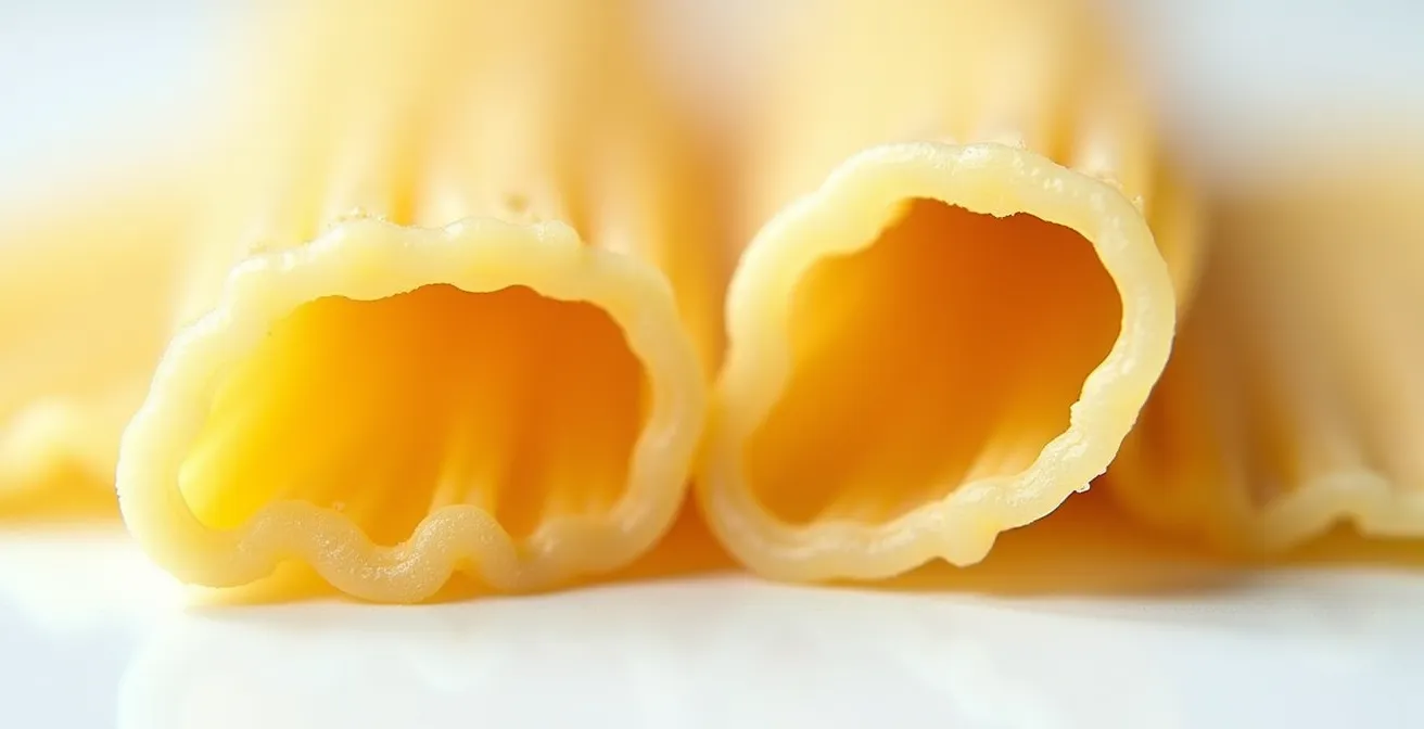 Coupe transversale de pâtes montrant la différence de structure entre al dente et trop cuites