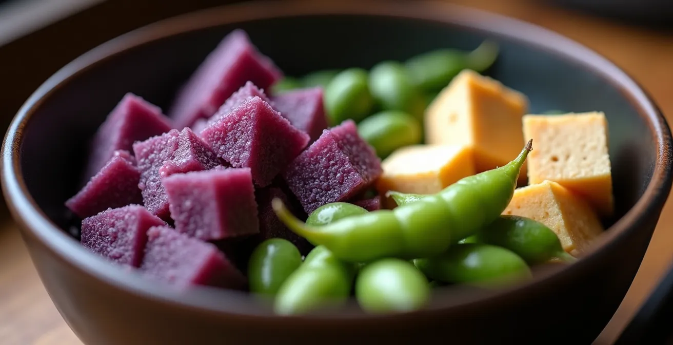 Vue macro d'un bol japonais traditionnel rempli aux trois quarts avec des aliments colorés montrant le principe de modération