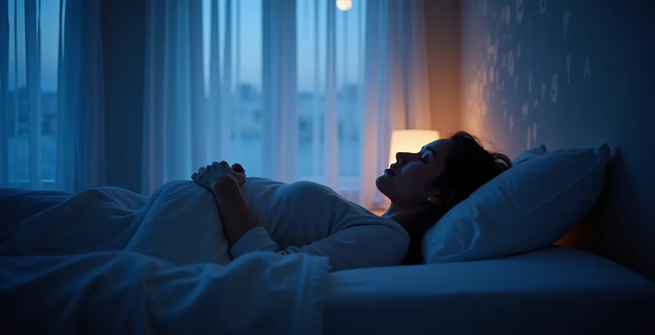 Vue latérale d'une personne endormie dans une chambre baignée de lumière lunaire douce Vue latérale d'une personne endormie dans une chambre baignée de lumière lunaire douce