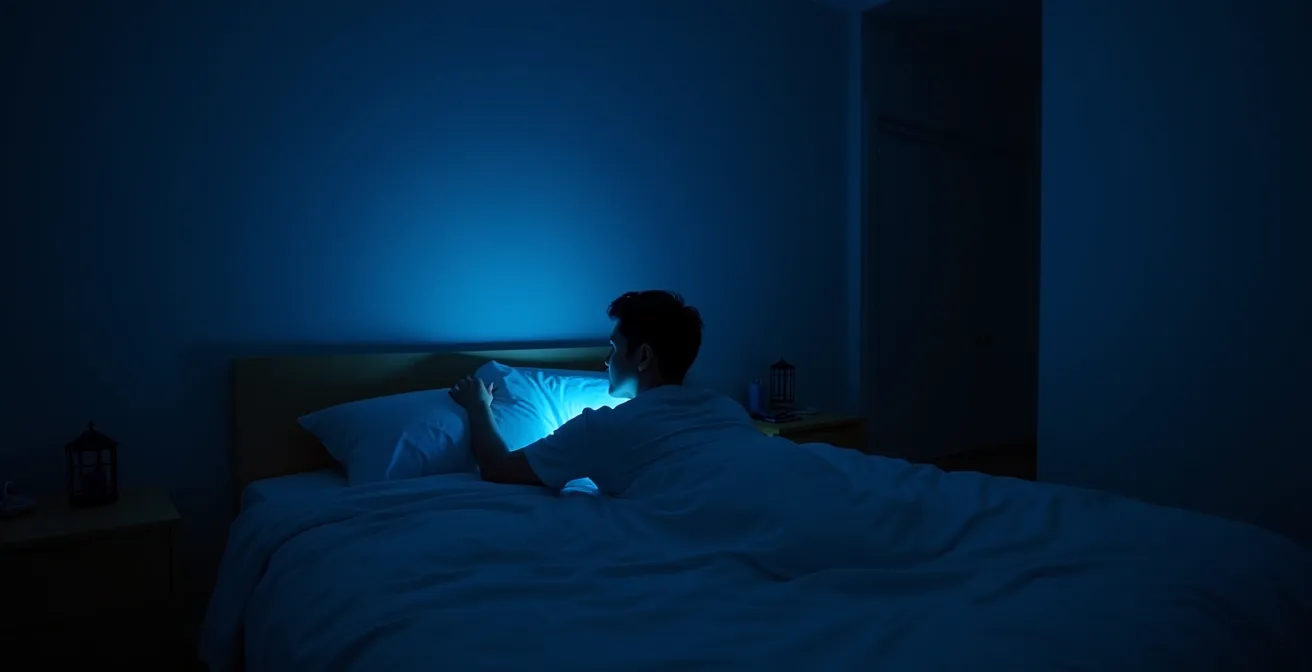 Chambre dans la pénombre avec lueur bleue indirecte suggérant la présence d'écrans, personne allongée tournée dos à la source lumineuse