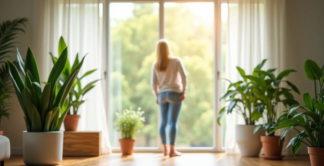 Intérieur lumineux avec fenêtre ouverte laissant entrer l'air frais et des plantes vertes purificatrices sur le rebord.