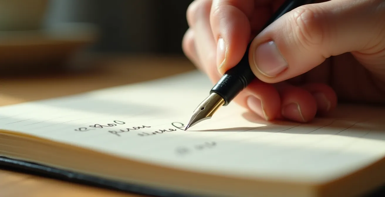 Gros plan sur des mains écrivant dans un carnet avec une lumière douce