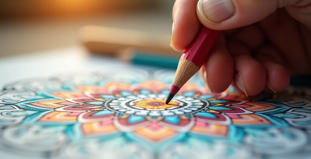 Vue macro d'une main coloriant délicatement un mandala avec des crayons de couleur, montrant les détails géométriques