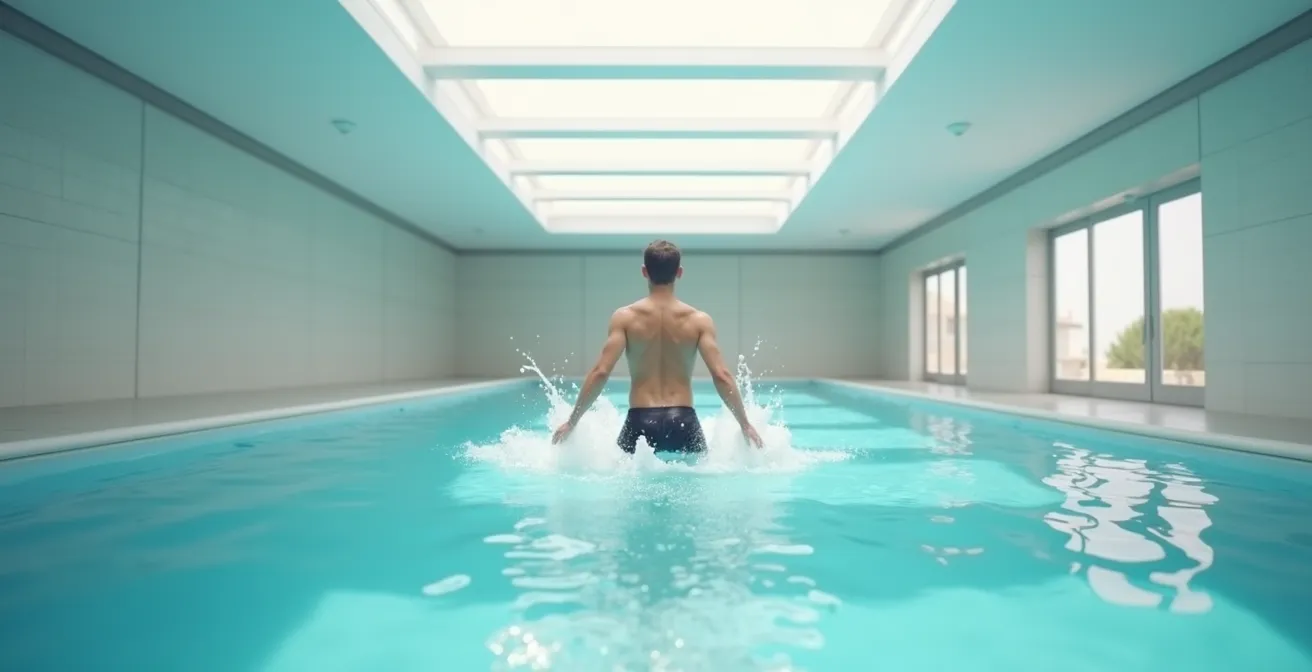 Vue large d'une personne pratiquant la marche aquatique dans une piscine intérieure lumineuse