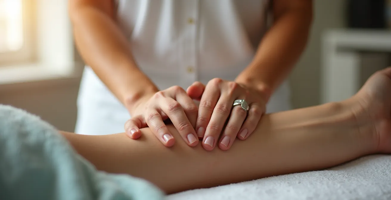 Mains d'un thérapeute effectuant un massage transverse sur un avant-bras Mains d'un thérapeute effectuant un massage transverse sur un avant-bras