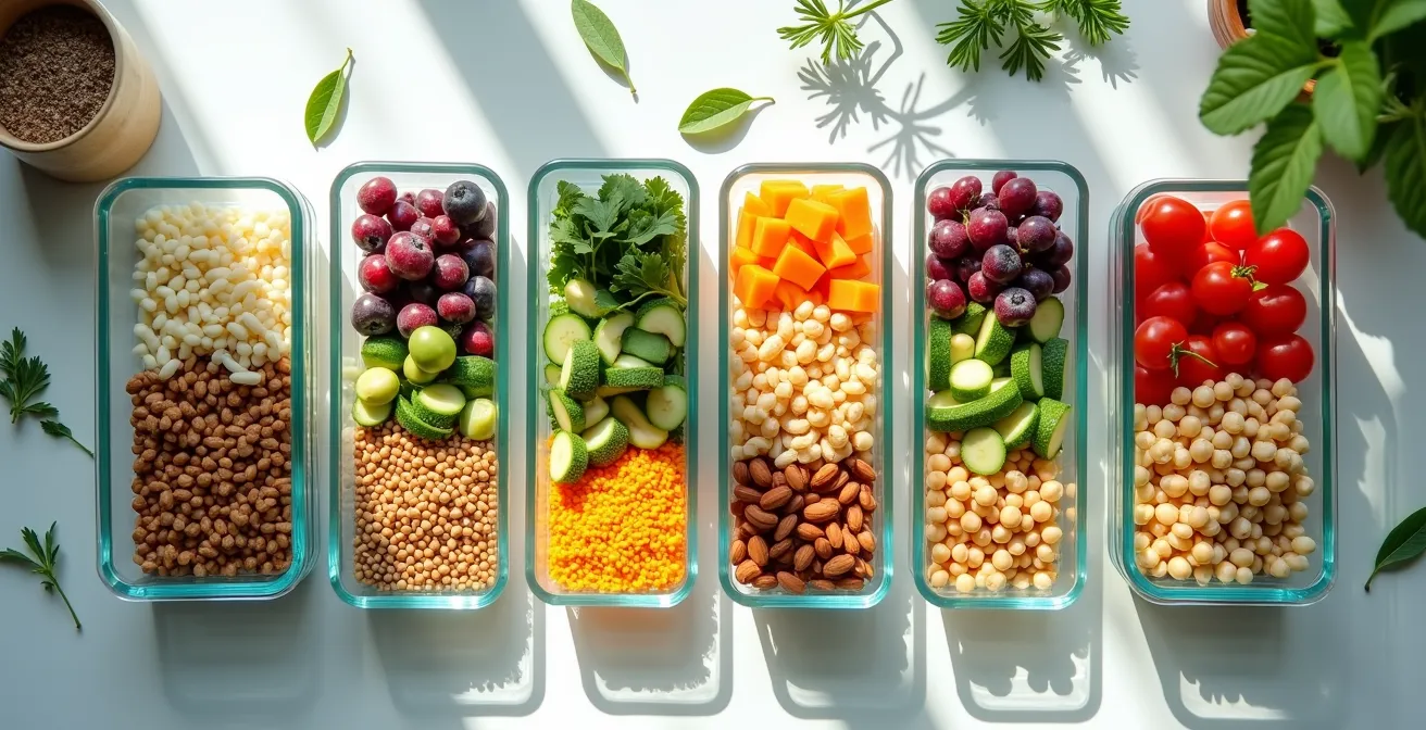 Organisation de meal prep avec contenants en verre et ingrédients colorés sur un plan de travail.