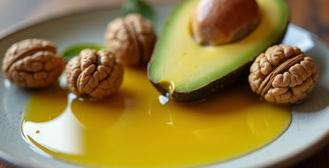Vue macro d'aliments riches en bonnes graisses comme les noix, l'huile d'olive et l'avocat