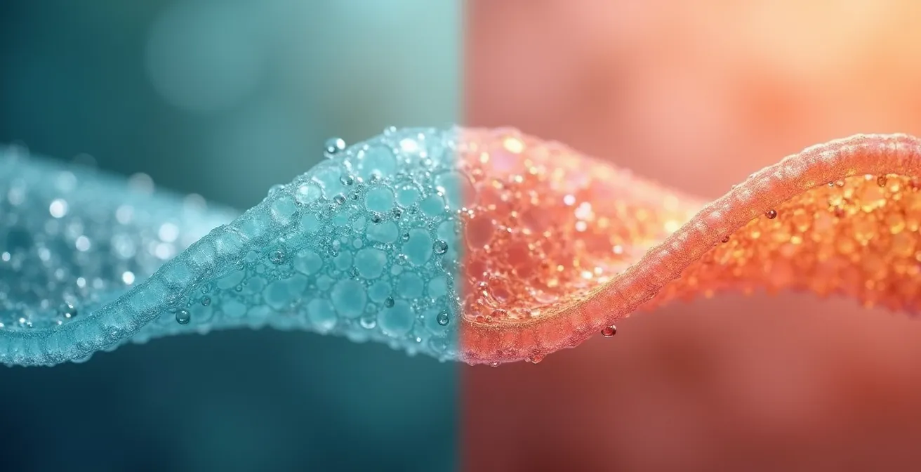 Comparaison visuelle entre une membrane neuronale fluide et souple et une membrane rigide et cristallisée.
