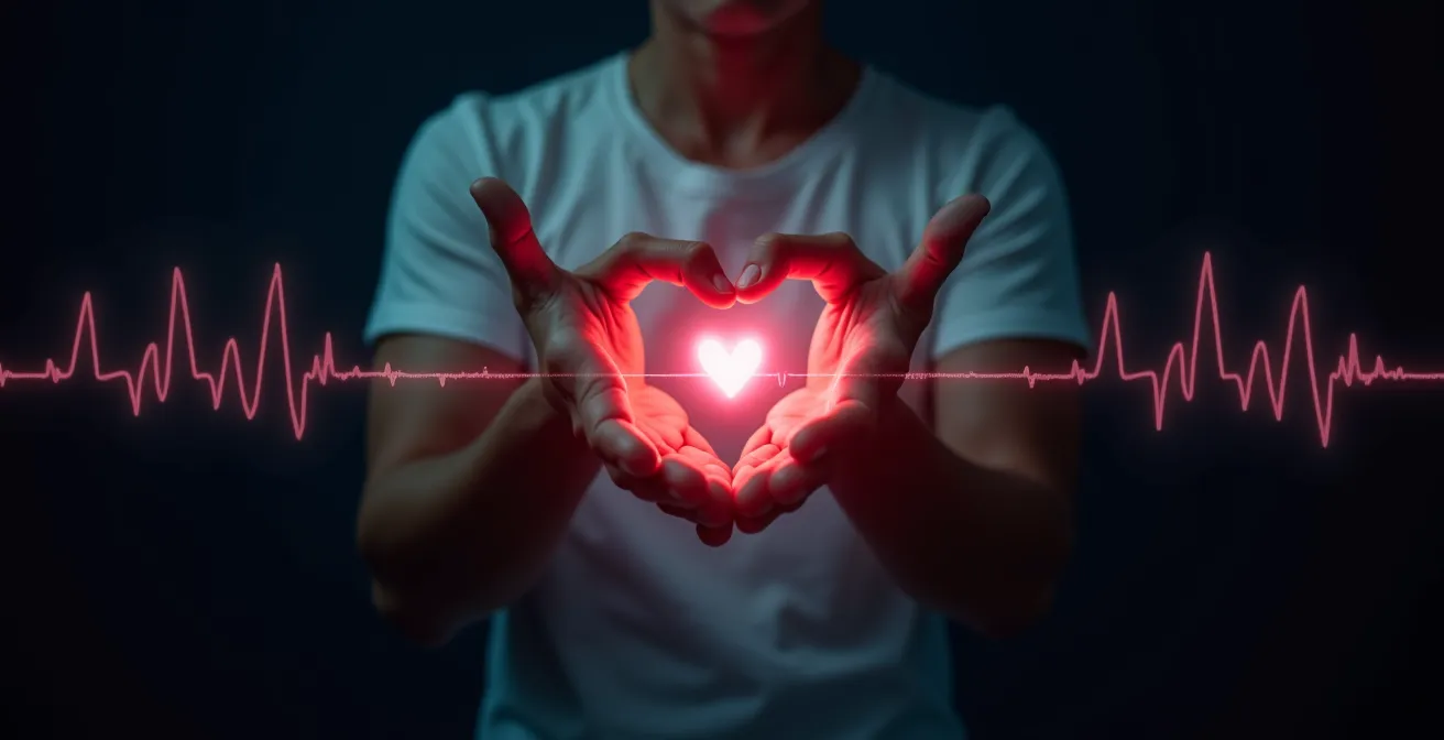 Main posée sur le cœur avec visualisation abstraite des battements cardiaques, symbolisant la variabilité cardiaque.
