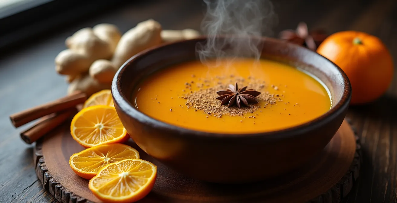 Composition d'aliments réchauffants d'hiver avec vapeur visible et textures naturelles