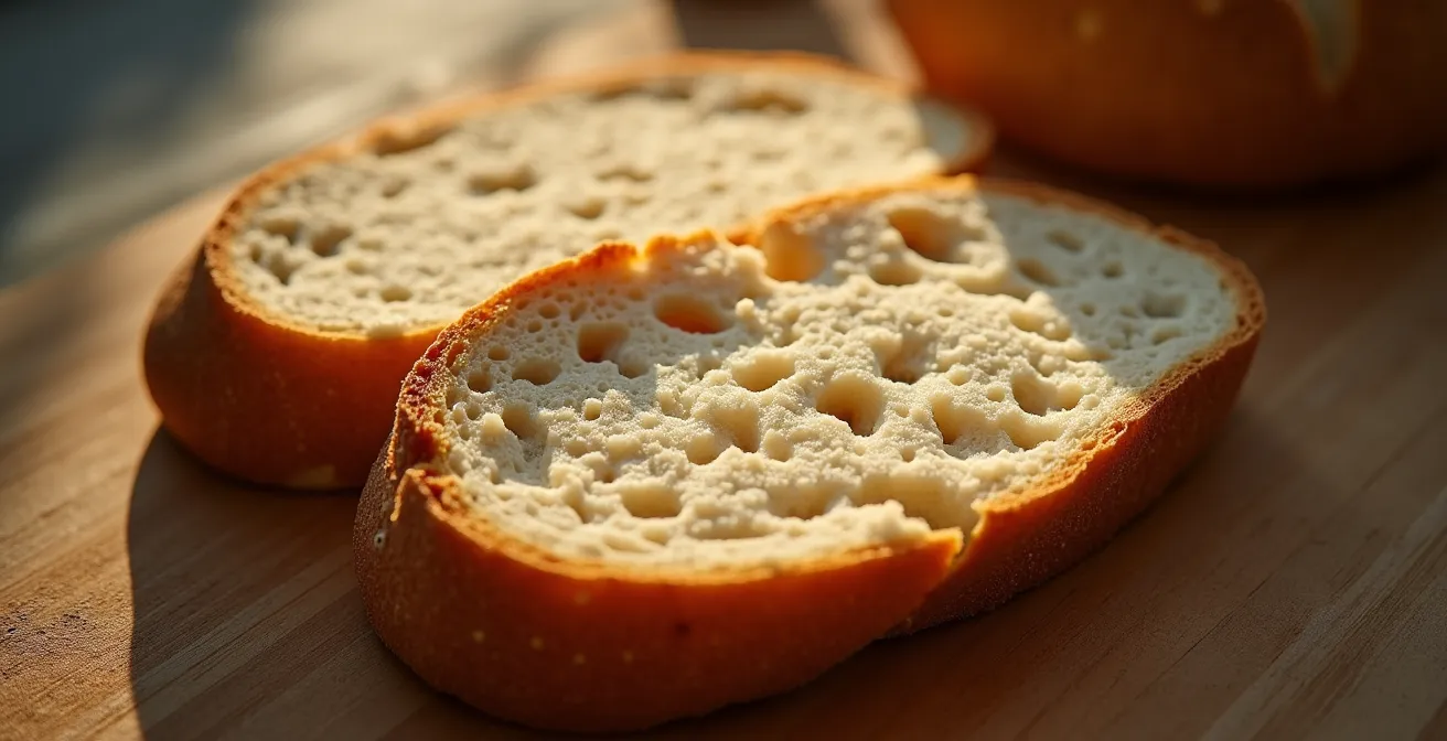 Tranche de pain au levain artisanal montrant sa mie alvéolée sur une planche de bois