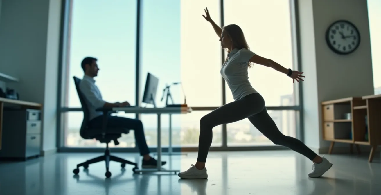 Personne effectuant des exercices de pause active dans un environnement de bureau