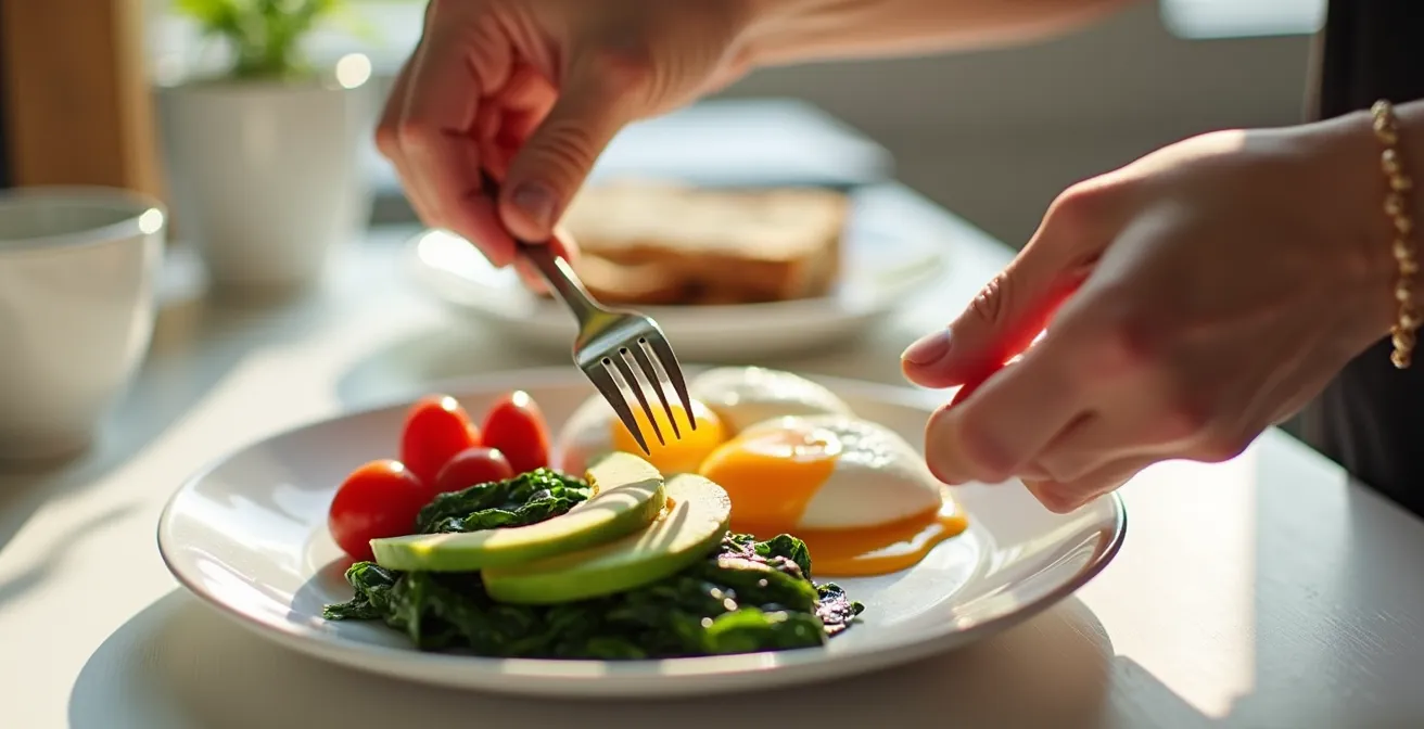 Assiette de petit-déjeuner équilibré avec œufs, avocat et légumes verts sur table lumineuse