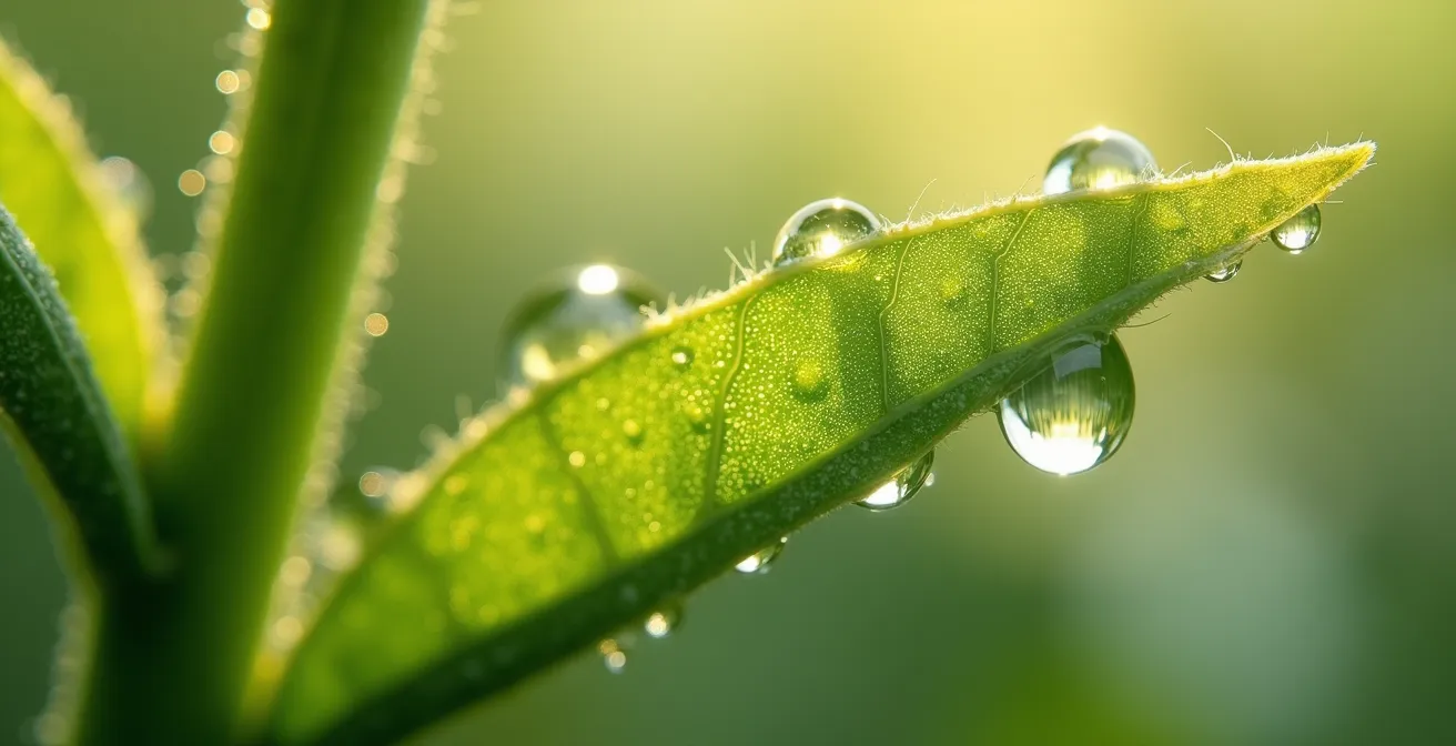 Vue macro détaillée de feuilles de pissenlit et d'orthosiphon avec gouttes de rosée
