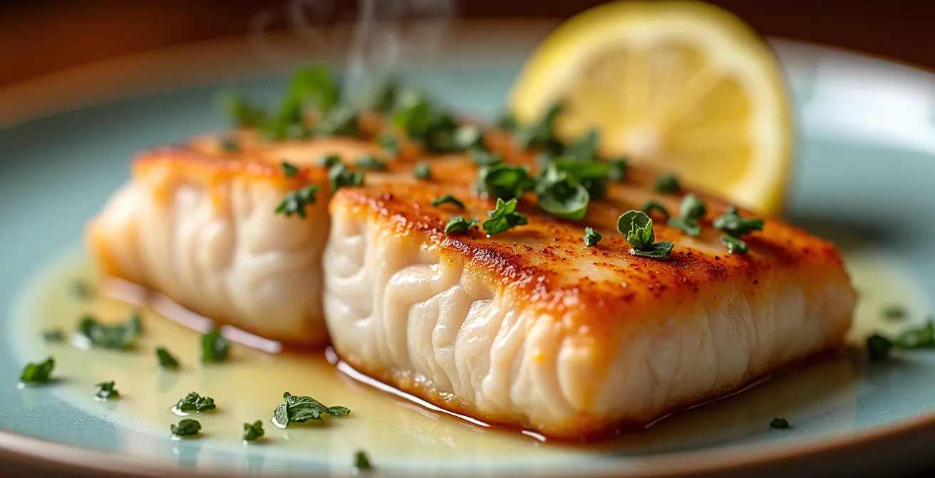 Filet de saumon nacré cuit à la perfection, avec une texture feuilletée et juteuse, accompagné de fines herbes et d'une tranche de citron.