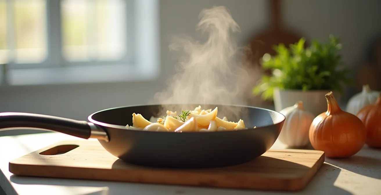 Ail et oignons dorés dans une poêle, illustrant la préparation pour une meilleure digestion