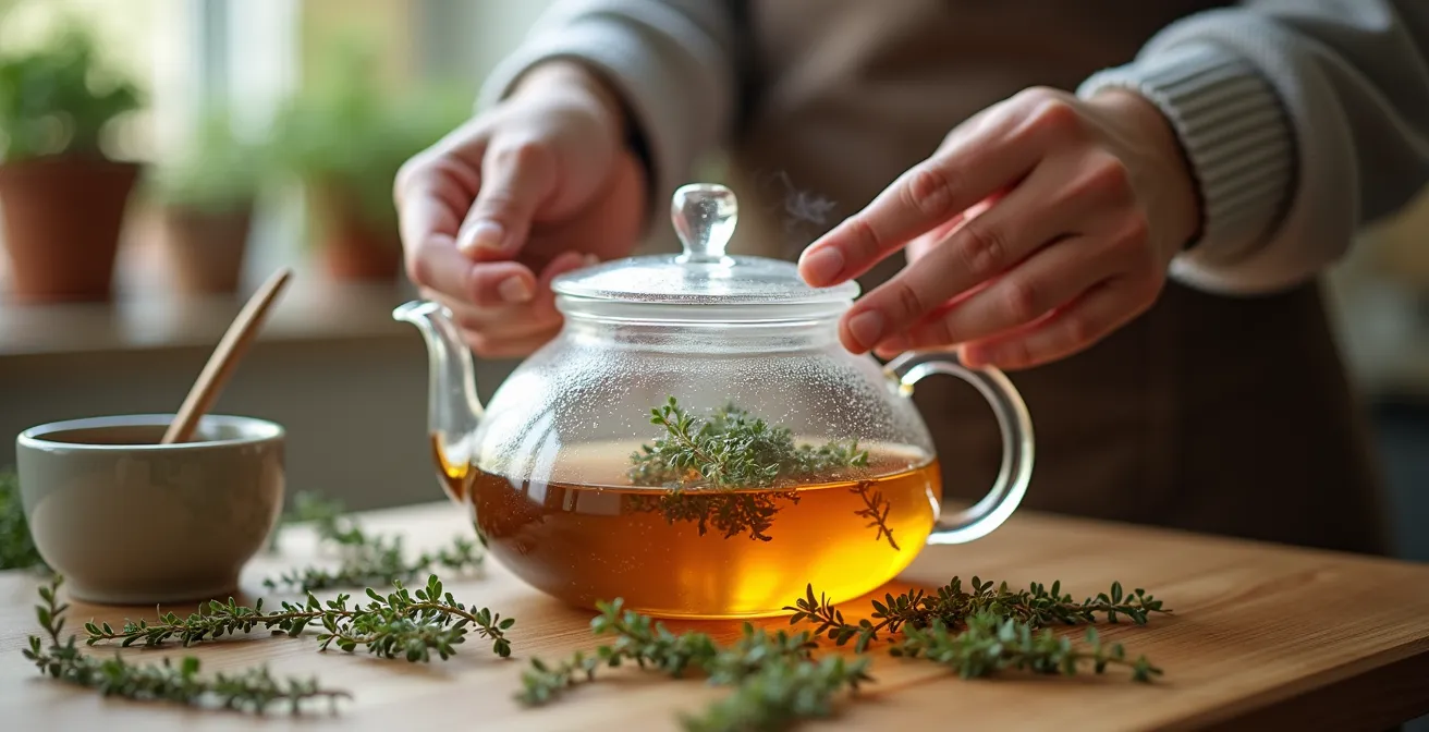 Théière en verre avec infusion de thym couverte, vapeur visible et branches de thym frais