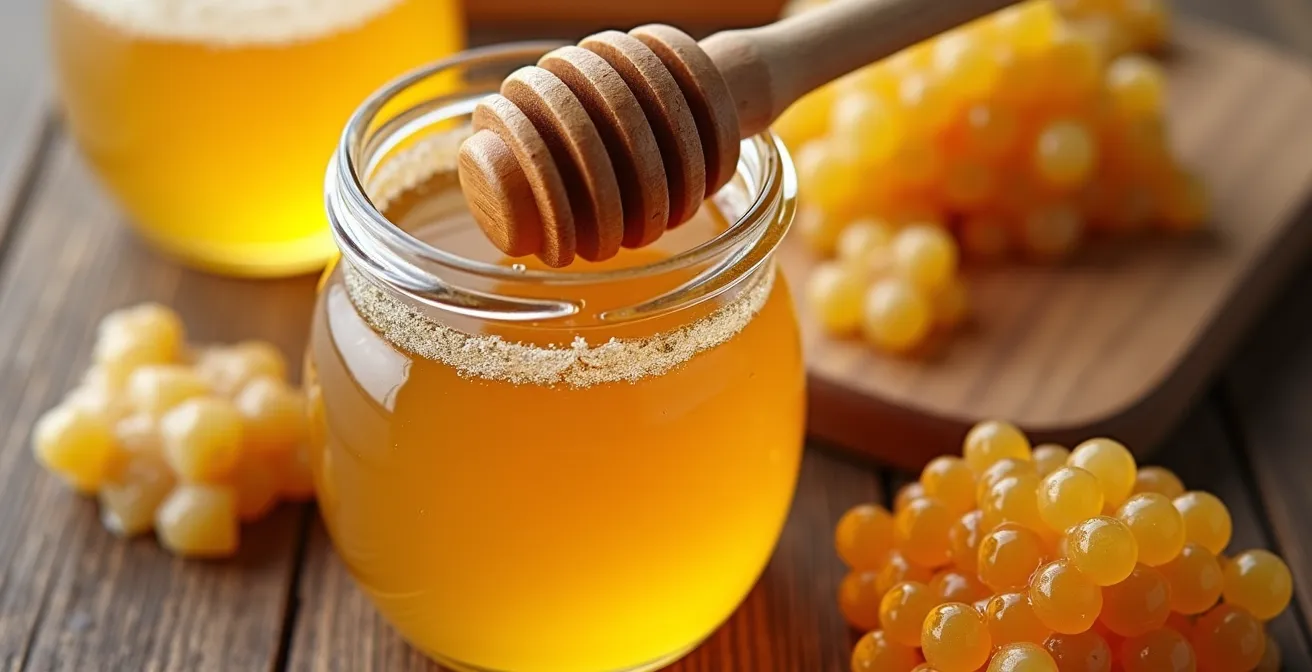 Composition naturelle de produits de la ruche avec un pot de gelée royale, de la propolis brute et du pollen.