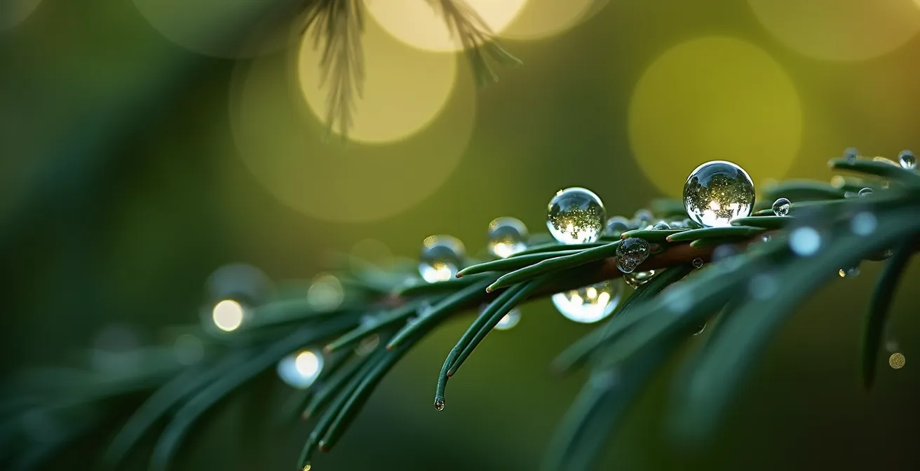 Vue macro de gouttes de rosée sur des aiguilles de pin avec effet bokeh en arrière-plan