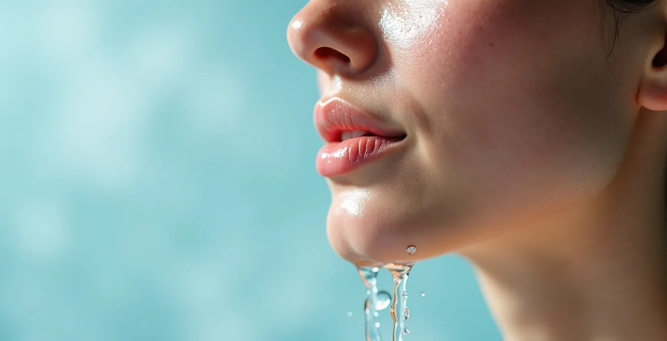 Gros plan sur un visage recevant de l'eau fraîche avec effet de gouttelettes, illustrant le réflexe d'immersion.