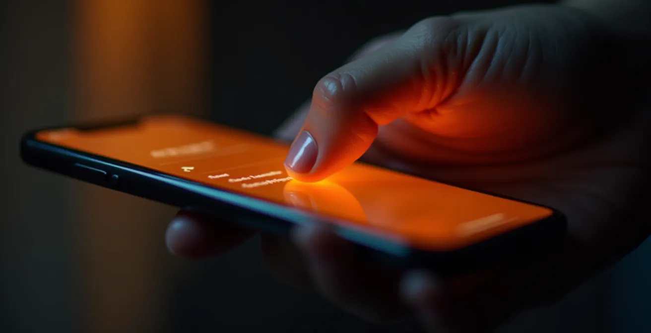 Main ajustant les paramètres de filtre anti-lumière bleue sur un smartphone dans l'obscurité