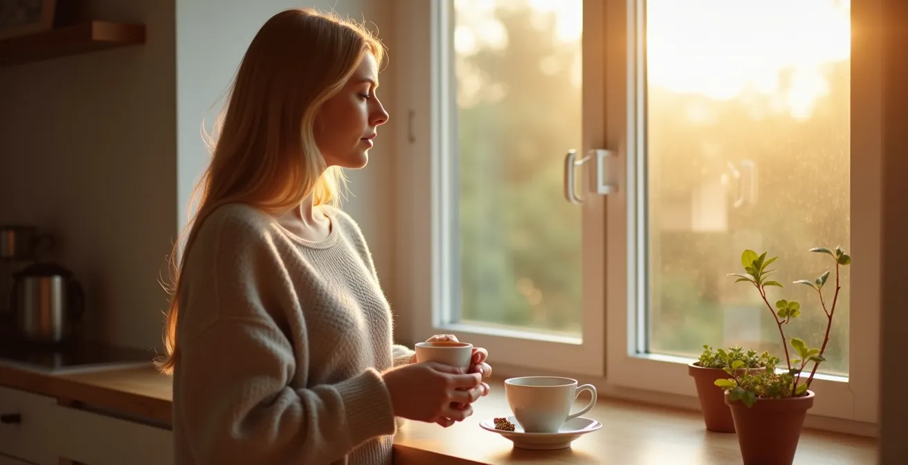 Personne buvant une tisane le matin face à une fenêtre ensoleillée