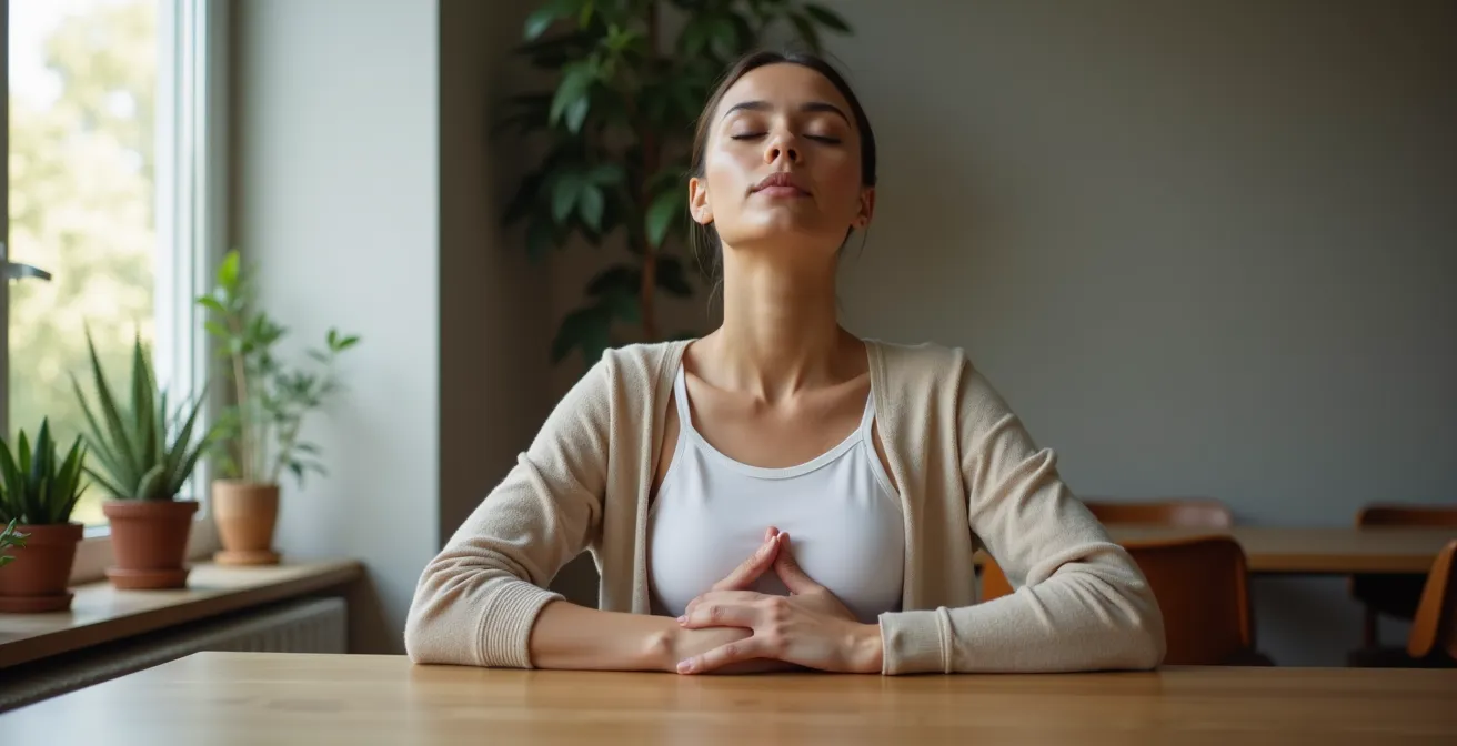 Personne pratiquant la respiration abdominale profonde avec les mains sur le ventre pour activer la digestion