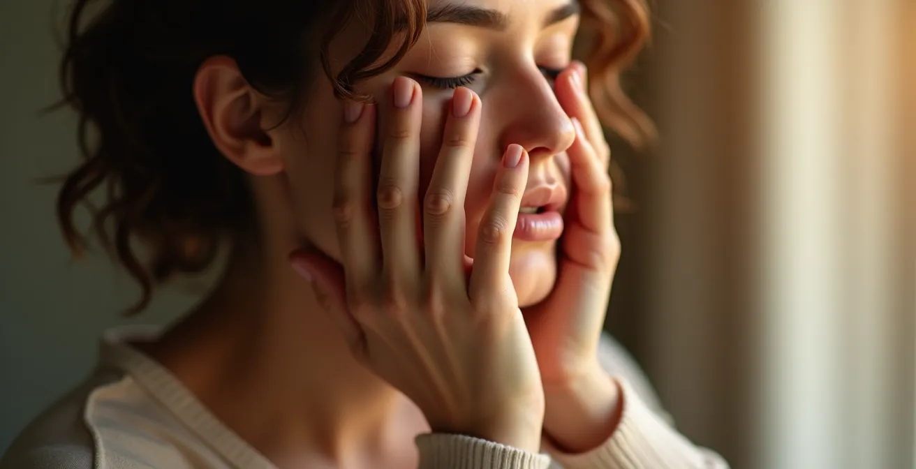 Gros plan sur les mains couvrant délicatement les yeux fermés d'une personne pour illustrer la technique du palming.