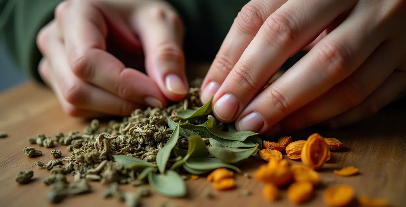 Mains examinant des plantes séchées avec différentes textures et couleurs visibles