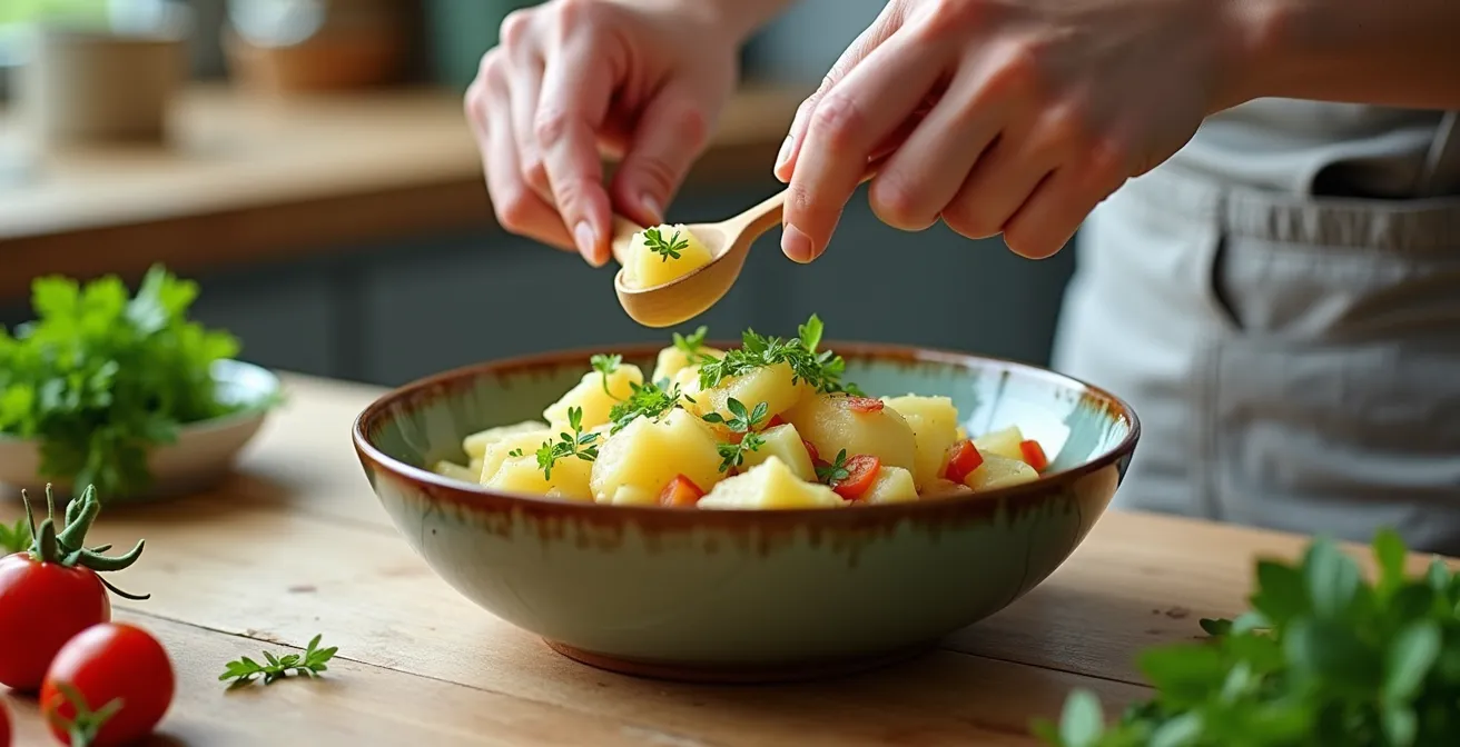 Salade de pommes de terre refroidies avec légumes verts dans un bol en céramique